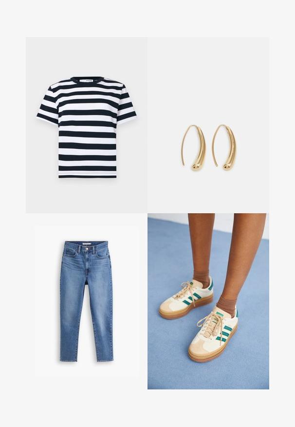 Pruhované tričko v černobílé barvě s krátkými rukávy, klasickým výstřihem a rovnými lemy. Vyrobeno z měkkého, prodyšného bavlněného materiálu.; Modré dámské džíny s vysokým pasem, s předním zapínáním na knoflík a zip, poutky na pásek a designem s pěti kapsami, položené na bílém pozadí.; Béžové tenisky s tmavě zelenými pruhy, gumovou podrážkou, svrchní částí z semiše a textilu, a neutrálním kováním, doplněné hnědými ponožkami na světle modrém povrchu.; Náušnice ve tvaru kruhu z pozlaceného kovu s vroubkovaným, prodlouženým tvarem. Mají hladký, lesklý povrch a zaoblený konec pro zvýraznění detailu.