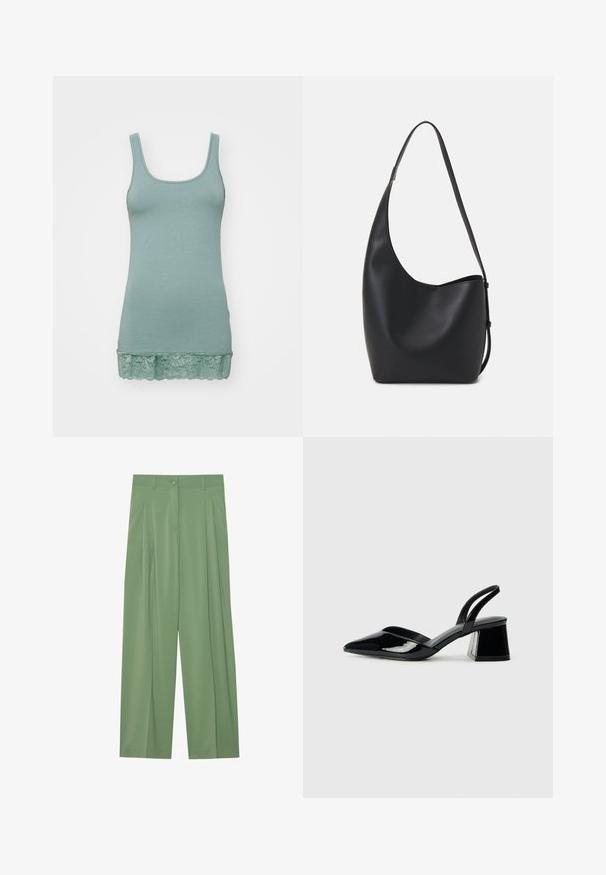 Light green tank top made of soft fabric, featuring a scoop neckline and a lace trim at the hem. Smooth texture, stretchy design.; Green wide-leg trousers made of smooth fabric. Features pleats at the front, a single button closure, and belt loops.; Black patent leather slingback heels with a pointed toe and a geometric block heel. Features a sleek, minimal design and smooth texture.; Black leather hobo bag with a smooth texture, curved shape, and single adjustable strap; features a wide opening at the top.