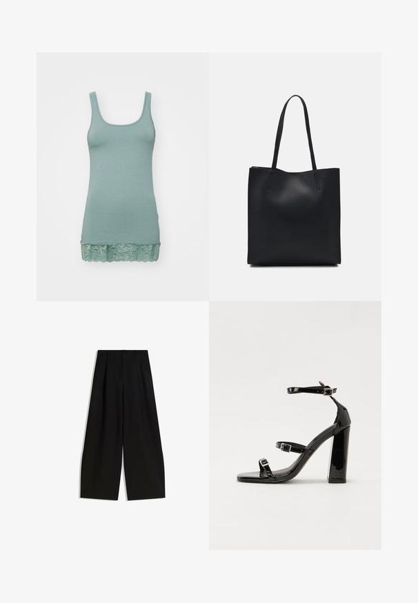 Lichtgroene tanktop gemaakt van zachte stof, met een ronde halslijn en een kantafwerking aan de zoom. Soepele textuur, rekbaar ontwerp.; Zwarte wijde pijpen broek van gladde stof, met een hoge taille, plooien aan de voorkant en geen zichtbare versieringen of patronen.; Zwarte gepatenteerde sandalen met hak en een vierkante neus, enkelbandjes en zilveren gespen. Heeft een stevige blokhak voor stabiliteit.; Zwarte leren handtas met een gladde textuur, rechthoekige vorm en twee lange handvaten. Geen zichtbare hardware of versieringen.