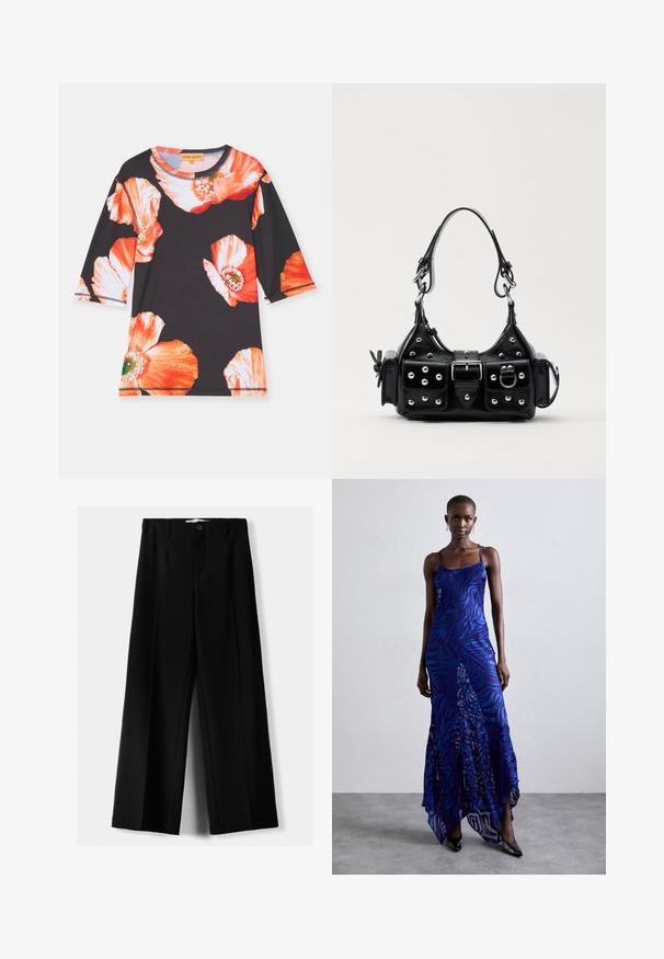 Czarna koszula z rękawami do trzech czwartych, zdobiona dużymi czerwonymi i pomarańczowymi wzorami kwiatowymi. Miękka tkanina z okrągłym dekoltem i kontrastowym wykończeniem.; Czarne spodnie szerokie, wykonane z lekkiego materiału, z zapięciem na guzik z przodu i gładkim przodem, z starannie wykończonymi brzegami.; Maxi sukienka w niebiesko-fioletowy wzór zwierzęcy, z cienkimi ramiączkami, dopasowanym gorsetem, rozkloszowanym dołem i przeźroczystymi detalami.; Czarna skórzana torebka w zakrzywionym kształcie, z srebrnymi ćwiekami, klamrą i dwoma bocznymi kieszeniami. Regulowany pasek umożliwiający różne opcje noszenia.