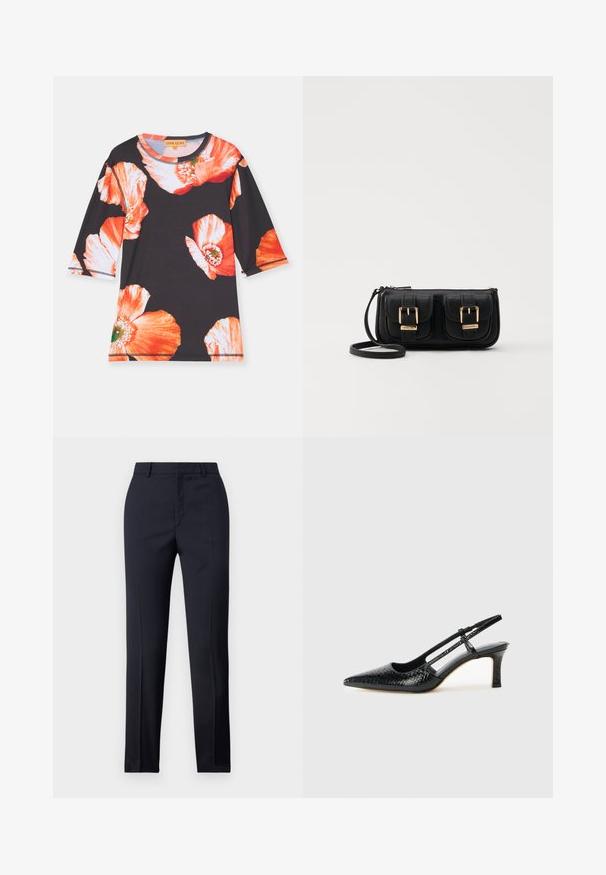 Svart skjorte med trekvart ermer, med store røde og oransje blomstermønstre. Mykt stoff med rund halslinning og kontrastkant.; Marinefargede skreddersydde bukser med rett snitt, med en glatt tekstur, to frontlommer og en ren linning.; Sorte patent slingback hæl med spids tå, featuring tekstureret slangeskind, justerbar rem og en kort, tekstureret blokhæl.; Svart skinn crossbody veske med to frontlommer, gyldne spenner, glidelåslukking og en slank stropp. Teksturert overflate og kompakt rektangulær form.