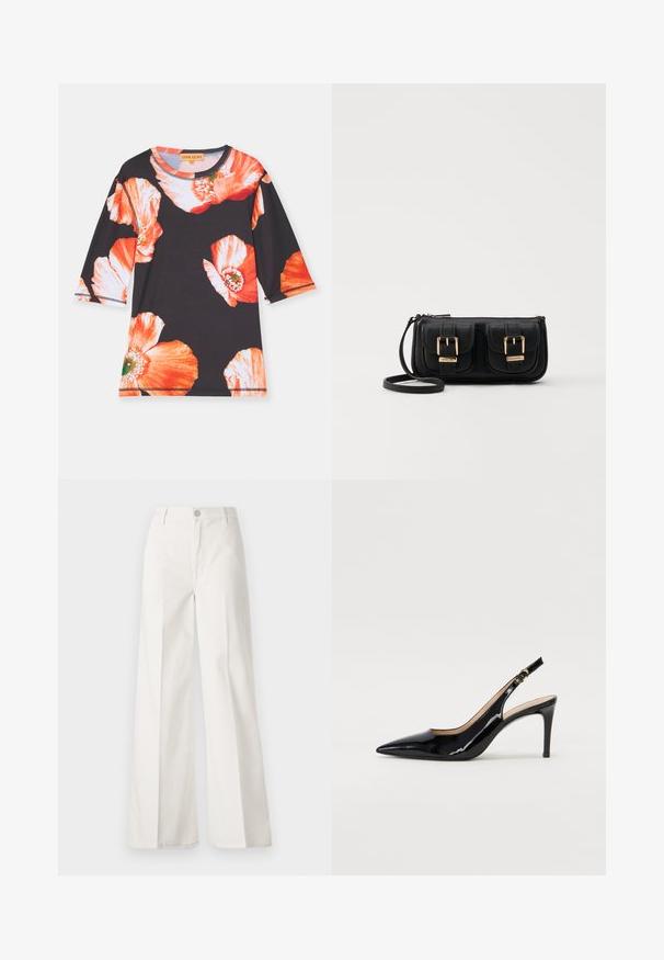 Crna majica s tri četvrtine rukavima, s velikim crvenim i narančastim cvjetnim uzorcima. Mekani materijal s okruglim izrezom i kontrastnim obrubom.; Bijele široke hlače izrađene od pamuka s glatkom teksturom. Imaju prednji gumb, patentni zatvarač i dizajn s četiri džepa.; Crne lakirane slingback cipele s oštrim vrhom, uskim potpeticama i suptilnim izrezom. Sadrže zlatnu kopču na traku.; Crna kožna torba preko ramena s dva prednja džepa, zlatnim kopčama, zatvaranjem na zip i uskim remenom. Teksturirana površina i kompaktan pravokutan oblik.