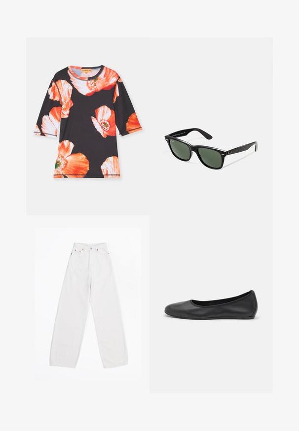 Maglietta nera a tre quarti con grandi motivi floreali rossi e arancioni. Tessuto morbido con scollo rotondo e rifiniture a contrasto.; Jeans bianchi a gamba larga realizzati in denim, con cinque tasche, hardware in rame e chiusura con bottone frontale. Tessuto liscio e taglio dritto.; Pantofole da balletto nere in pelle con punta arrotondata, texture liscia, dettagli di cucitura minimi e design con suola flessibile.; Occhiali da sole in plastica nera con lenti verdi, montatura quadrata, dettaglio argento sulla parte superiore e steli con texture. Marchio indicato sulla parte interna dello stelo.; Borsa a tracolla in pelle marrone con chiusura a pattina, hardware color oro, tracolla e una finitura liscia. Forma rettangolare compatta.