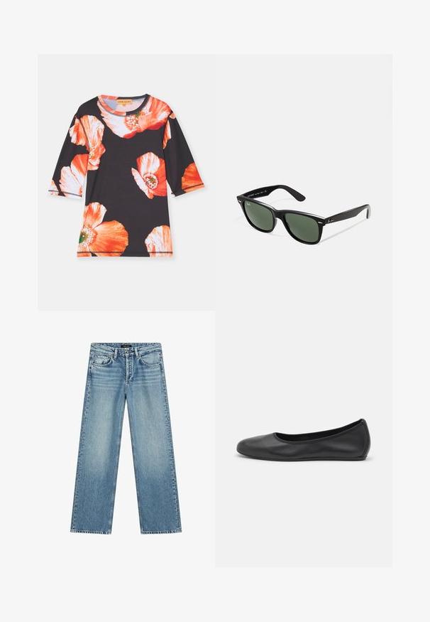 Sort skjorte med trekvartærmer, prydet med store røde og orange blomstermønstre. Blødt stof med rund halsudskæring og kontrastkant.; Lyseblå vidde jeans lavet af denim. Har fem lommer, lukning med knap og subtil falmen, der skaber et tekstureret udseende.; Sort læderballetsko med rund tå, glat tekstur, minimal syning og et fleksibelt såldesign.; Sorte plastiksolkaber med grønne linser, firkantede stel, sølvaccent på brynene og teksturerede templede arme. Angivet mærke på den indre arm.