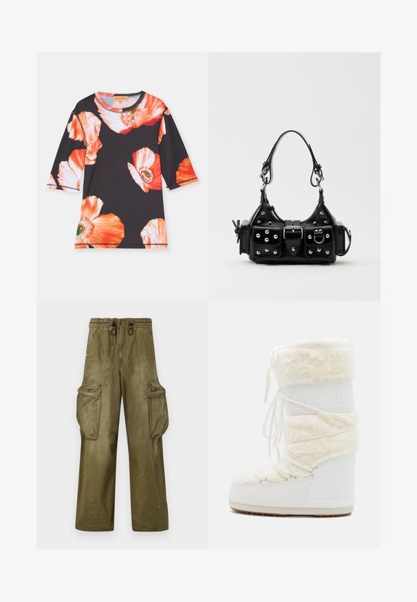 Crna majica s tri četvrtine rukavima, s velikim crvenim i narančastim cvjetnim uzorcima. Mekani materijal s okruglim izrezom i kontrastnim obrubom.; Maslinasto zelene cargo hlače s opuštenim krojem, elastičnim pojasom, vezicom, dva bočna džepa i dva velika cargo džepa. Lagano istrošene.; Bijele Moon Boots s gornjim dijelom od lažnog krzna, vezanjem sprijeda i gumenim potplatom. Teksturirana površina i utisnuti logo na strani. Čvrst, podstavljen dizajn.; Crna kožna torba s zakrivljenim dizajnom, koja sadrži srebrne zakovice, kopču i dva bočna džepa. Podesiva traka za različite opcije nošenja.