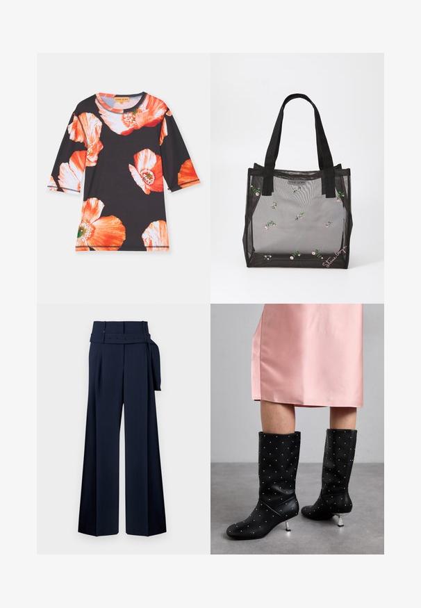 Black shirt with three-quarter sleeves, featuring large red and orange floral patterns. Soft fabric with a round neckline and contrast trim.; Navy wide-leg trousers with a high waist, featuring a belt with decorative buttons and pleats along the front, made of smooth fabric.; Black knee-high boots made of smooth material, featuring a subtle studded pattern and silver tone heel. Paired with a pink satin dress.; Black mesh tote bag with embroidered floral patterns, featuring sturdy black handles and a logo tag on the front. Translucent material.