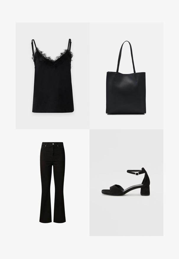 Juodas maikutė be rankovių, pagaminta iš lygaus audinio, su nėriniuota apykakle ir petnešomis. Plonos reguliuojamos petnešos užbaigia dizainą.; Juodos iš džinsinio audinio platėjančios džinsai. Aukštas juosmuo su priekiniais sagčių uždarymais. turi penkias kišenes ir siuvinėtų detalių išilgai siūlių.; Juodos aksominės basutės su plona kulkšnies juosta, atvira pirštų dalimi ir nedideliu blokuotų kulniukų. Lygus paviršius ir minimalūs akcentai.; Juodas odinis tote krepšys su lygia tekstūra, stačiakampio formos ir dviem ilgais rankenomis. Matomų metalinių detalių ar puošybos nėra.