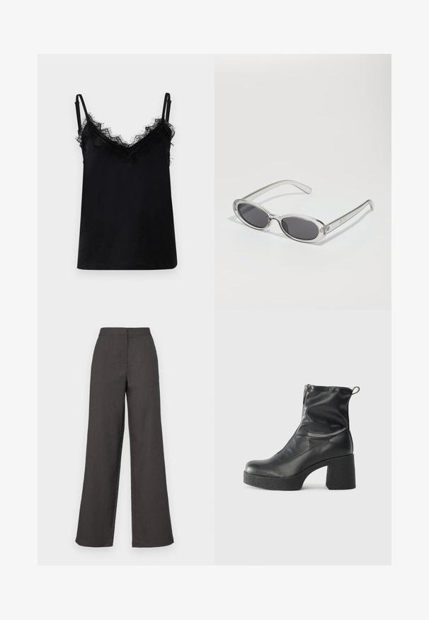 Black camisole made of smooth fabric, featuring lace trim along the neckline and straps. Thin adjustable straps complete the design.; Wide-leg trousers in dark gray fabric, featuring a high waist and smooth finish. Clean lines with no visible patterns or embellishments.; Black ankle boots made of smooth leather, featuring a side zipper, chunky textured heel, and rounded toe design.; Sunglasses with an oval shape, clear plastic frame, dark gray lenses, and thin transparent arms featuring logo accents and minimal detailing.; Black leather handbag with a curved shape, detachable strap, and gold hardware. The bag features a flap with a buckle detail.