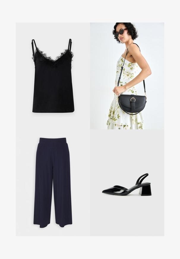 Must mustrinnahk, millel on pitsist äärised kaela ja rindade kohal. Peenad reguleeritavad rihmad lõpetavad disaini.; Tumed põlvpüksid tumedast meresinisest kangast, millel on sooneline tekstuur. Omab sujuvat vööd ja voolavat siluetti, ulatudes pooleni säärest.; Mustad musta lakknahk kingad, millel on terav varvas ja geomeetriline plokkkonts. Omab elegantselt minimalistlikku disaini ja sujuvat tekstuuri.; Mustmust mustraha kõverate joontega, eemaldatava rihmaga ja kuldsete detailidega. Kotil on klapp, millel on pandladetail.