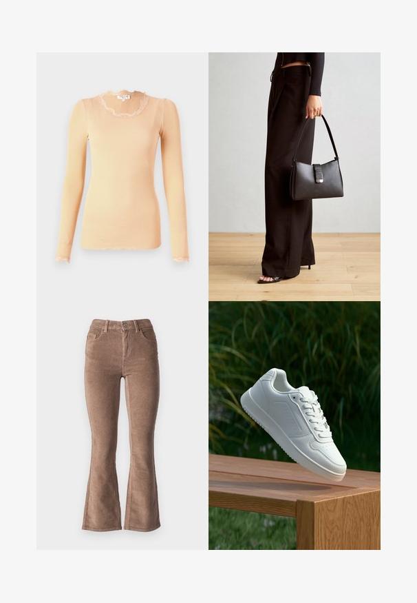 Breskva rebrasti dugih rukava sa čipkastim obrubom na dekolteu i porubu. Mekani materijal, prilagodljiv kroj. Lagana tkanina.; Smeđe kord pantolonas raširenog kroja s rebrastom teksturom, visokog struka, pet džepova i prednjim kopčanjem na dugme.; Bijela tenisica sa glatkim sintetičkim gornjim dijelom, perforiranim prednjim dijelom, ravnim vezicama i teksturiranom potplatom, prikazana na drvenoj površini.; Crna torba s oblikom koji sadrži strukturu, glađu teksturu i metalnu kopču. Uparena s širokim crnim hlačama i sandalama na otvorenom s drvenog poda.