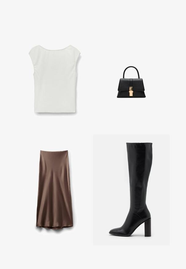 Top blanco de manga corta hecho de una tela texturada. Presenta un escote redondo y un corte relajado, con un acabado suave y sin herrajes visibles.; Falda midi de satén marrón con una textura suave y un dobladillo ligeramente acampanado, que presenta un diseño simple y sin adornos, sin cierres visibles.; Botas negras de cuero hasta la rodilla con punta afilada y tacón grueso. Textura suave con acentos mínimos y un diseño de caña ajustada.; Bolso estructurado negro con textura suave, un asa superior y un detalle de clasp en tono dorado en la parte frontal. Diseño minimalista.; Pendientes de studs irregulares rectangulares en oro brillante texturizado, con sutiles patrones elevados e hundidos sobre un fondo blanco.