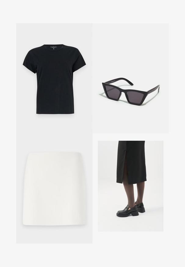 Melna īsām piedurknēm t-kreklu, kas izgatavots no kokvilnas. Tam ir apaļa kakla izgriezums un brīvs piegriezums ar gludu tekstūru. Nav redzamu rakstu vai akcentu.; Balta, pieguļoša mini svārku ar gludu tekstūru un tīrām līnijām. Nav redzamu rakstu vai metalizācijas. Taisna apakšmala.; Melni ādas apavi ar noapaļotu purngalu, biezām bloku papēžiem un elastīgiem sānu akcentiem, apvienoti ar tumšām zeķubiksēm un melnu svārku ar šķirbu.; Melni, stūrveida saulesbrilles ar pelēkiem objektīviem; izgatavotas no plastmasas, ar biezām kājām, kam ir gluda virsma un nav redzamu stiprinājumu.; Melnas zamšādas gēlu somiņa ar rāvējslēdzēju un noņemamu plaukstas siksniņu. Ar zelta tonis aparatūru un gludu, matētu tekstūru.