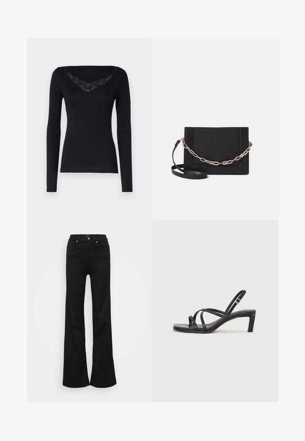 ONLY Tall ONLKIRA - Tops ar garām piedurknēm - black; Melnas flared džinsas, izgatavoti no denima, ar augstu jostasvietu, piecām kabatām un metāla pogu aizdari. Gluda tekstūra ar minimālu apdari.; Melnas strappy sandales ar kvadrātveida purngaliem un zemu bloku papēdi. Ievērojamas ar vairākiem plāniem siksniņām un regulējamu potītes siksniņu. Izgatavotas no gludas ādas.; Melna ādas crossbody soma ar gludu faktūru, taisnstūrveida formu un metalizētu ķēdes detaļu priekšā. Iekļauta regulējama siksna.