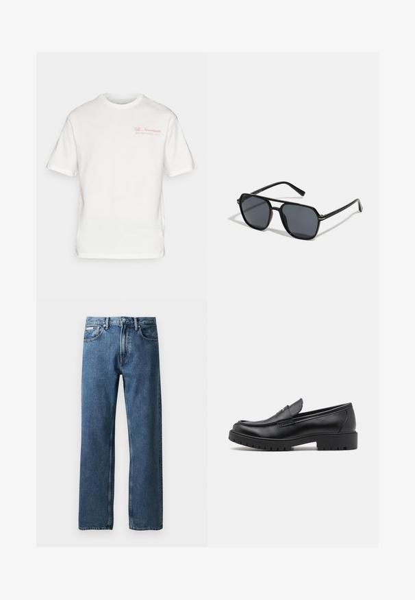 White cotton t-shirt with short sleeves, crew neck, and front text in light pink reading "Villa Novantasette SELECTED VACANZA XCVII."; Blue straight-leg denim jeans with a high waist, button and zip closure, front pockets, and a small white brand label on the right pocket.; Black leather loafers with a rounded toe, slip-on design, and thick rubber sole featuring a textured grip. Elevated heel and subtle stitching details.; Black sunglases with octagonal frame, dark lenses, glossy finish, thin temples, and gold accents on the front.