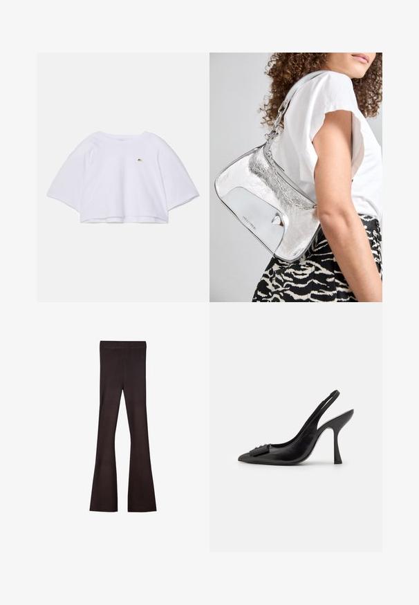Hvid cropped sweatshirt med brede, korte ærmer, en rund halsudskæring og et lille guld logo på brystet. Fremstillet af blødt stof.; Bershka Bukser - dark brown; Sorte lædersandal med spids tå, slank høj hæl og dekorativ sløjfeaccent. Glat tekstur og strømlinet design.; Sølv metal skuldertaske med en glat overflade, buet design, kædestrop og en poleret frontpanel med en subtil logoindgravering.