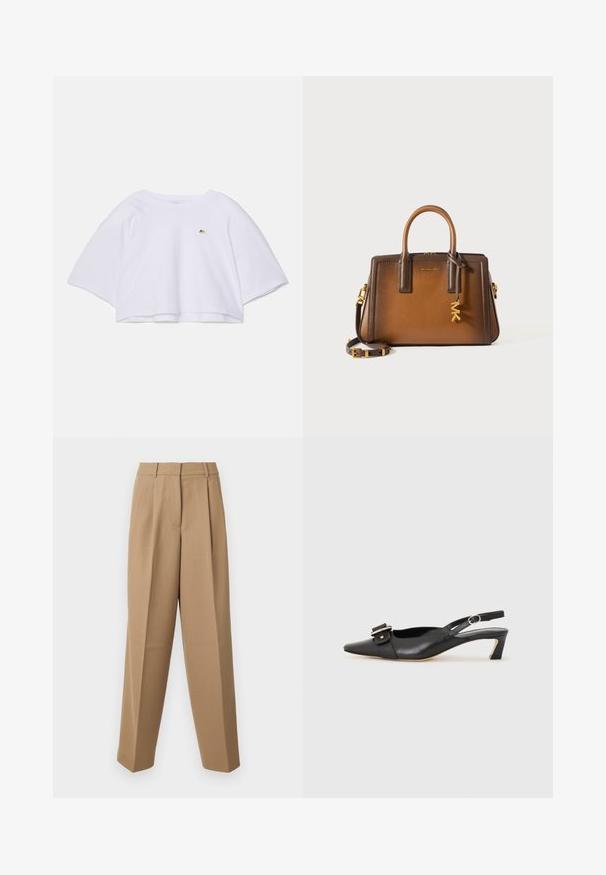 Hvit kort sweatshirt med vide, korte ermer, rund hals og en liten gulllogo på brystet. Laget av myk stoff.; Beige skræddersyede bukser med høj talje, plisseret front og brede ben. Stof virker glat med en let glans.; Svarte skinn slingback-sko med spiss tå, liten hæl og dekorativ spenne-detalj på overdelen. Glatt tekstur, minimalistisk design.; Brun lærveske med dobbel topphåndtak, avtakbar skulderstropp, gullfarget hardware og en dekorativ anheng med bokstavene "MK."