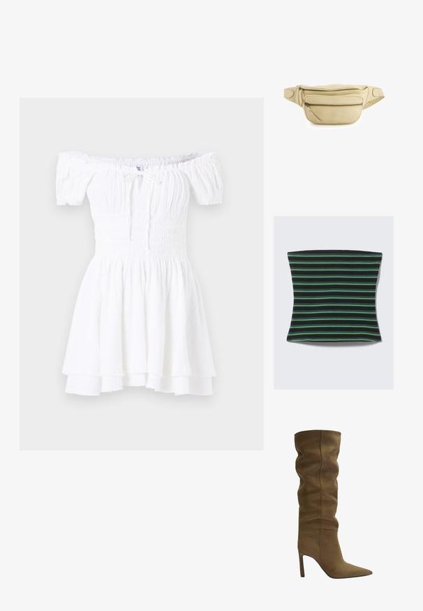 Sort og grøn stribet stof med en blød tekstur. Striberne er i forskellige bredder, hvilket skaber et visuelt dynamisk mønster.; Hvid off-shoulder kjole med smocked bodice, korte puffærmer og lagdelt flæsekant. Fremstillet af letvægts, tekstureret stof.; Olivengrøn suedestøvle til knæhøjde med spids tå, afslappet overdel og stilettostøttestykke, der har synlige syninger.; Beige lædertalje taske med to frontlommer med lynlås og justerbar rem, præget med "VENEZIA" logoet i midten af frontlommen.