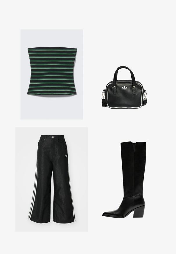 Musta ja vihreä raidallinen kangas, jossa on pehmeä texture. Raidat ovat eri levyisiä, luoden visuaalisesti dynaamisen kuvion.; Mustat leveät farkut kolmella valkoisella raidalla jokaisella sivulla ja pienellä valkoisella logolla. Ominaisuuksiin kuuluvat etutaskut ja napitus.; Mustat polvimittaiset saappaat, jotka on valmistettu sileästä nahasta. Saappaissa on terävä kärki, tukevat korko ja V-muotoinen leikkaus ylhäällä.; Musta nahkainen käsilaukku, jossa on kaksi lyhyttä kahvaa, hopeiset yksityiskohdat, valkoiset tehosteet ja valkoinen logo. Sisältää teksturoidun pinnan ja kompaktin muotoilun.