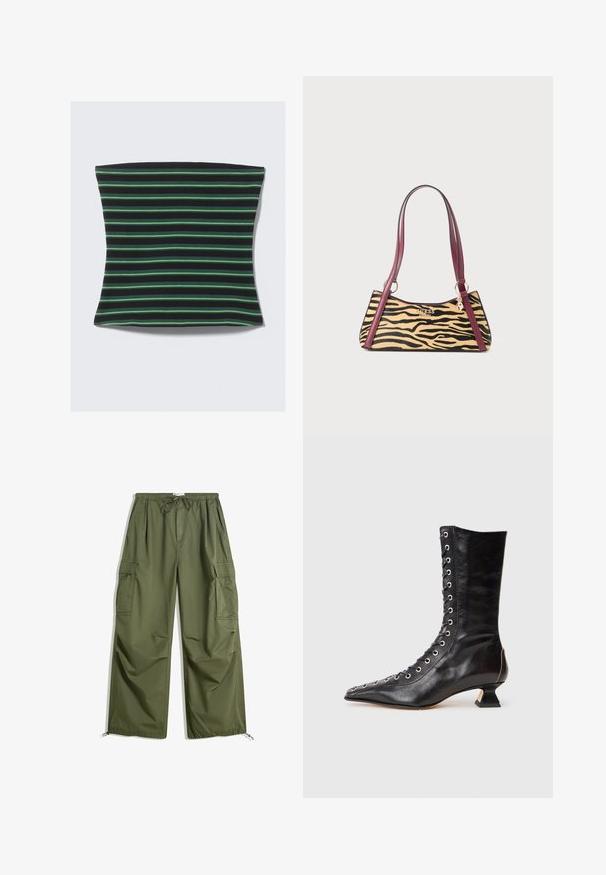Sort og grøn stribet stof med en blød tekstur. Striberne er i forskellige bredder, hvilket skaber et visuelt dynamisk mønster.; Olivengrønne cargo bukser med elastisk talje, snor i taljen, sidelommer med flap og justerbare nederste kanter, lagt fladt på hvid baggrund.; Sort læder ankelstøvle med spids tå, snøring foran, metaløjer, lav blokhæl og et strømlinet design. Glat tekstur, moderne silhuet.; Lille håndtaske med tigerstribet mønster, maroon læderstropper, guldfarvet Guess-logo og en charme hængende fra stropringen.