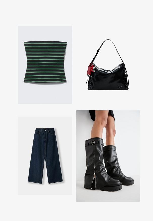 Schwarzer und grüner gestreifter Stoff mit einer weichen Textur. Die Streifen haben unterschiedliche Breiten, was ein visuell dynamisches Muster erzeugt.; Dunkelblaue, weit geschnittene Jeans aus Denim. Verfügt über fünf Taschen, einen Knopf- und Reißverschluss sowie Kontrastnähte.; Schwarze Lederstiefel bis zum Knie mit weiter Schaftweite, seitlichem Reißverschluss und Schnallenakzent, strukturierter Oberfläche und robuster Gummisohle.; Schwarze Lederhandtasche mit einem lässigen Design, Schnürdetails an den Seiten und einem roten Akzent-Tag. Verfügt über einen langen, verstellbaren Trageriemen.