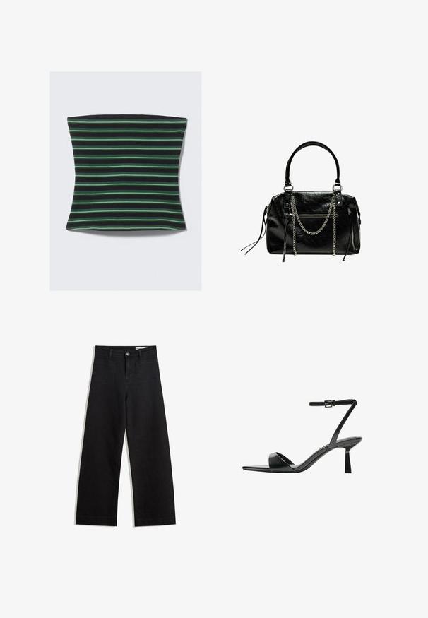 Black and green striped fabric item with a soft texture. The stripes are in various widths, creating a visually dynamic pattern.; Black wide-leg denim pants with a high waist, featuring front and back pockets, stitched seams, and a button closure. Smooth texture.; Bershka High heeled sandals - black; Bershka WITH CHAIN - Handbag - black