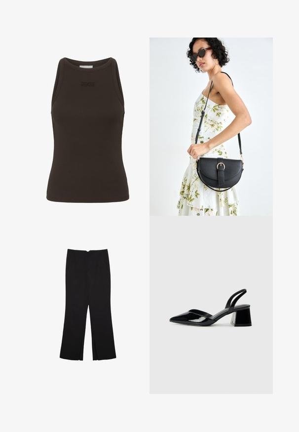 Rjav rebrast top z visokim ovratnikom in brez rokavov, z diskretnim logotipom na predelu prsi. Narejen iz elastičnega materiala.; Črne hlače ravnega kroja z naglavnimi žepi in stranskimi razporki na robu. Narejene iz mehke, gladke tkanine. Primerne za različne priložnosti.; Črne lakirane slingback pete s koničastim nosom in geometrijsko blokasto peto. Imajo eleganten, minimalističen dizajn in gladko teksturo.; Črna usnjena torbica s ukrivljeno obliko, z odstranljivo naramnico in zlatimi dodatki. Torbica ima pokrov s podrobnostmi v obliki zaponke.