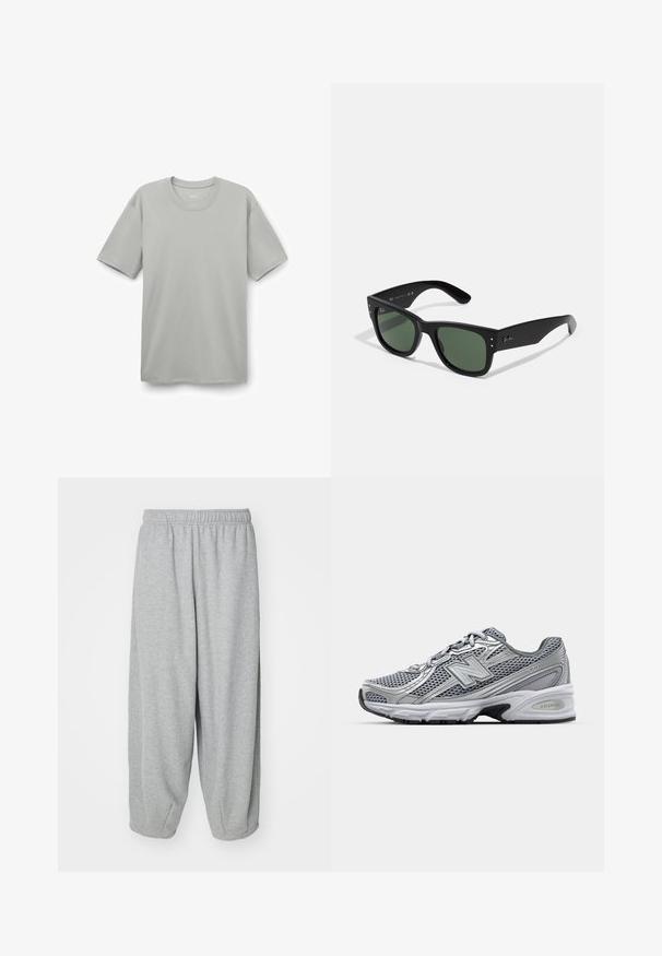 Lichtgrijze katoenen t-shirt met ronde hals, korte mouwen en een relaxed fit. Soepele textuur zonder zichtbare patronen of versieringen.; Lichtgrijze, loszittende sweatpants gemaakt van zachte stof. Elastische tailleband en boorden bij de enkels. Eenvoudig en onversierd ontwerp.; Grijze sportschoen met een mesh bovenkant, zilveren accenten, een gepolsterde kraag en een witte tussenzool met een zwarte loopzool.; Zwarte rechthoekige zonnebril met groene lenzen, matte afwerking, subtiele hardwareaccenten en een gegraveerd logo op de slaap.