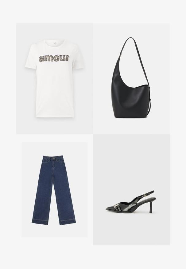 Witte katoenen t-shirt met de tekst "amour" in een luipaardprint design. Korte mouwen en een ronde halslijn. Lichtgewicht en casual pasvorm.; Wide-leg jeans in donkerblauwe denim. Voorzien van vijf zakken, riemlussen en een rauwe zoom onderaan met zichtbare stikseldetails.; Zwarte gepolijste leren slingback schoenen met een puntige neus, enkelbandjes met zilveren gespen en hardware, en een slanke hak.; Zwarte leren hobo tas met een gladde textuur, kromme vorm en een enkele verstelbare schouderband; heeft een brede opening aan de bovenkant.