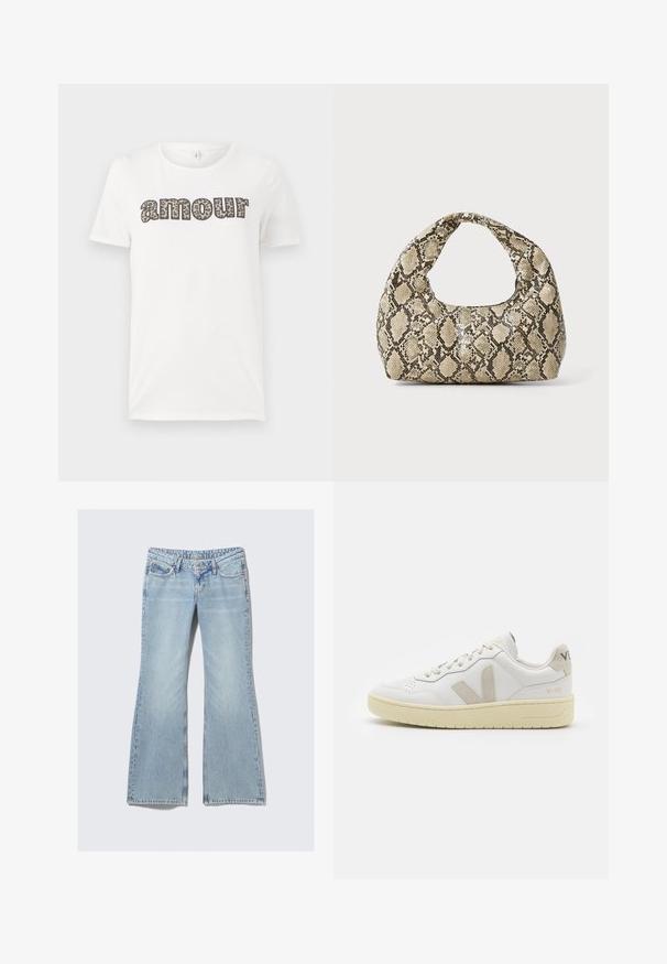 Hvid bomulds t-shirt med "amour" tekst i leopardmønster. Korte ærmer og rund halsudskæring. Letvægts og afslappet pasform.; Weekday NOVA - Jeans Slim Fit - lip blue; Hvide lærreds sneakers med beige ruskindsdetaljer, perforeret tåboks, flade snørebånd og en struktureret cremefarvet sål. Har diskret branding på hælen.; Slangeprint håndtaske med et buet håndtag. Lavet af strukturerede, beige og brune materialer, med et karakteristisk diamantmønster.