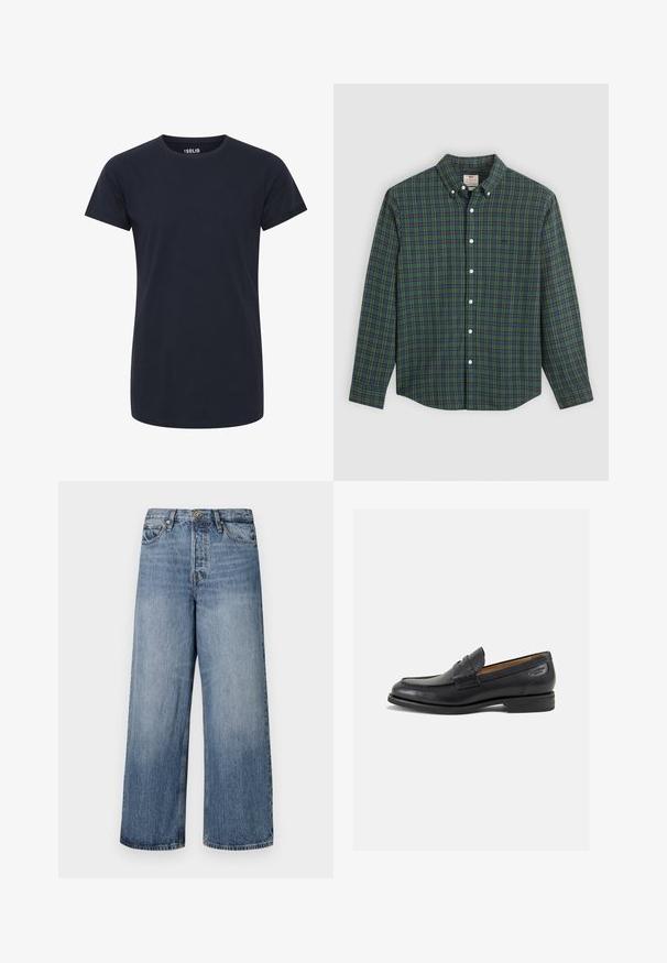 Gładka, ciemnoniebieska, krótki rękaw t-shirt z okrągłym dekoltem, o slim fit, bez widocznych logo i wzorów.; Koszula z długim rękawem, zapinana na guziki, w zielono-niebiesko-żółtą kratkę, z białymi guzikami i kołnierzykiem zapinanym na guziki.; Szerokie niebieskie dżinsy z przetarciami, pięcioma kieszeniami i zapięciem na guzik. Wyposażone w szlufki na pasek i przeszycia dekoracyjne.; Czarne skórzane mokasyny o gładkim wykończeniu, zaokrąglonym nosku i dekoracyjnym przeszyciu na cholewce. Niski, warstwowy obcas i delikatny połysk.