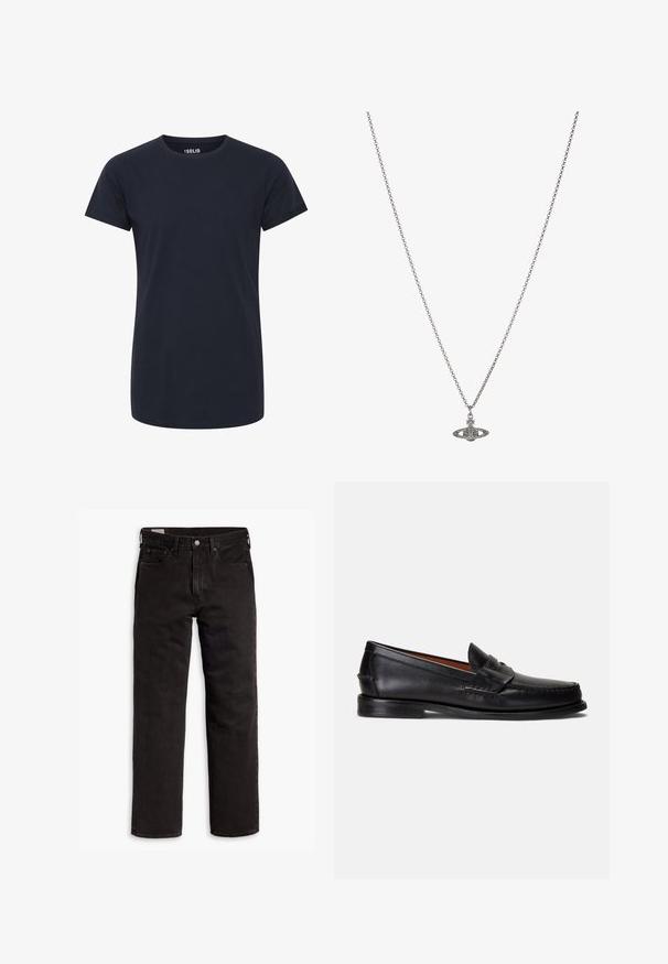 Enostavna temno mornarsko modra majica s kratkimi rokavi in krožnim izrezom, tesno prilegajoča in brez vidnih logotipov ali vzorcev.; Črne kavbojke ravnega kroja z žepi, gumbnim zapiranjem in zankami za pas, ležijo položene na belem ozadju.; Črni usnjeni loaferji z gladkim zaključkom, zaobljenim koničkom in okrasnim trakom čez zgornji del. Imajo nizko črno podplato.; Srebrna verižica z obeskom v obliki planeta, okrašena z majhnimi detajli in zapletenimi vzorci.