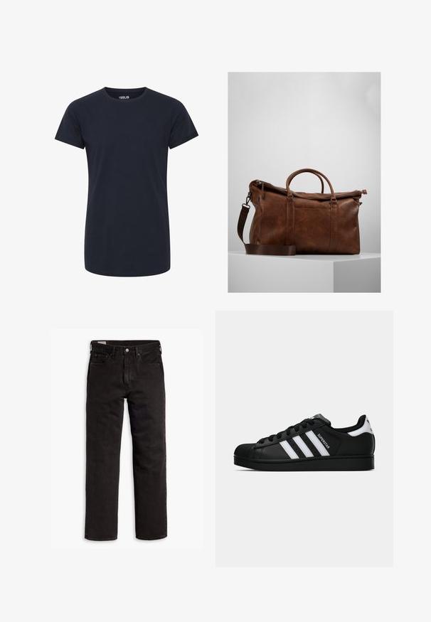 Tricou simplu, scurt, cu manecă scurtă, de culoare albastru închis, cu guler rotund, cu o croială slim și fără logo-uri sau desene vizibile.; Jeans din denim negri cu picior drept, cu cinci buzunare, închidere cu nasture și bucle pentru curea, așezați plat pe un fundal alb.; Tenisii Adidas Superstar negri cu dungi albe, vârf din plastic, și textul "Superstar" pe lateral, prezentati în profil lateral pe fundal alb.; Geantă de voiaj din piele maro, cu închidere cu fermoar, mânere duble, curea de umăr ajustabilă și modele de textură vizibile pe suprafață.
