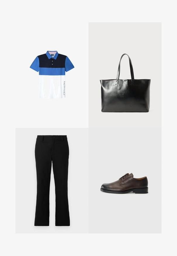 Polo de manga corta con un diseño en bloque de colores en marino, azul y blanco. Incluye un cuello con botones y un logo en el lado.; Pantalones de campana negros hechos de una mezcla de algodón, con cierre de botón, trabillas para el cinturón y una textura suave sin patrones visibles.; Zapato de cuero marrón con punta redondeada, tacón bajo, diseño con cordones y textura suave. Presenta costuras mínimas y un acabado pulido.; Bolso tote de cuero negro y liso con dos asas, forma rectangular y detalles de costura sutiles sobre un fondo blanco.