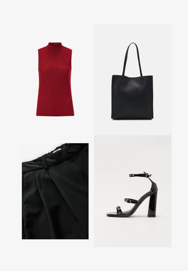 Červený top bez rukávov s vysokým golierom, vyrobený z pleteného materiálu s jemným leskom. Hladká textúra a priliehavý strih. Žiadne ďalšie ozdoby.; Čierne skladané nohavice z látky s hladkou textúrou, so priliehavým pásom a horizontálnym švom blízko vrchu.; Čierne lakované sandále na podpätku so štvorcovou špičkou, navlečenými remienkami okolo členku a striebornými prackami. Disponujú masívnym blokovým podpätkom pre stabilitu.; Čierna kožená taška na rameno s hladkým povrchom, obdĺžnikovým tvarom a dvoma dlhými uchami. Bez viditeľného kovania alebo ozdôb.