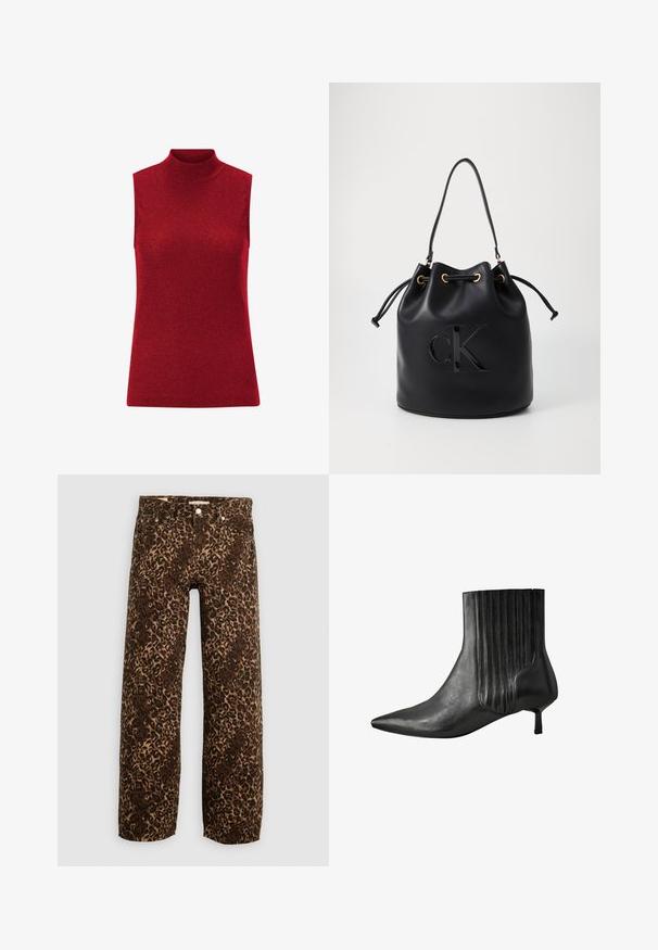 Haut sans manches rouge avec un col montant, en tissu tricoté avec un subtil éclat. Texture lisse et design ajusté. Pas d'ornements supplémentaires.; Jean large en imprimé léopard marron et beige. Fabriqué en denim, avec une conception classique à cinq poches et des accents en métal.; Botte noire en cuir à hauteur de cheville avec un bout pointu, un design côtelé sur le côté et un petit talon carré. Texture lisse avec une finition brillante.; Sac seau en cuir noir avec fermeture à cordon, arborant un logo "CK" brillant sur le devant et des accents en métal doré.