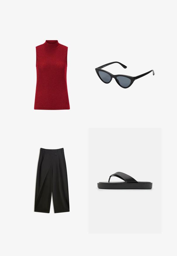 Rode mouwloze top met een hoge hals, gemaakt van gebreide stof met een subtiele glans. Gladde textuur en aansluitend ontwerp. Geen extra versieringen.; Zwarte wijde broek van soepel materiaal. Beschikt over een voorkant met plooi, een knoopsluiting en een op maat gemaakte tailleband voor een gestroomlijnde pasvorm.; Zwarte flip-flop sandalen met een soepele bovenband en een gestructureerde platformzool. Minimalistisch ontwerp met een laag profiel.; Zwarte cat-eye zonnebril met donkergrijze lenzen, slank plastic frame, puntige hoeken en rechte pootjes. Geen zichtbare hardware of accenten.; Natuurlijk geweven strookentasje met een gestructureerd oppervlak, grote open bovenkant, gebogen vorm en een donkere leren band. Kenmerkt zich door een zwarte accent aan de basis.