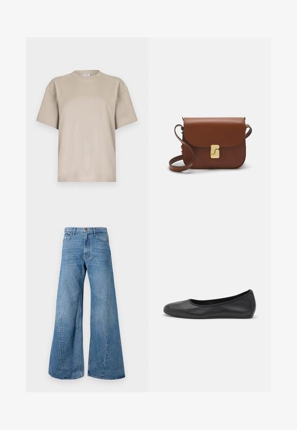 T-shirt in cotone beige con collo rotondo, maniche corte e vestibilità rilassata. Texture liscia, design minimalista, senza pattern o dettagli.; Jeans in denim blu a gamba larga con vita alta, caratterizzati da un classico stile a cinque tasche e una leggera scoloritura per aggiungere texture.; Pantofole da balletto nere in pelle con punta arrotondata, texture liscia, dettagli di cucitura minimi e design con suola flessibile.; Borsa a tracolla in pelle marrone con chiusura a pattina, hardware color oro, tracolla e una finitura liscia. Forma rettangolare compatta.