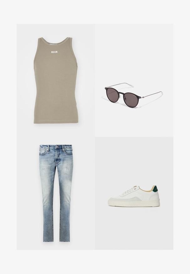 Khaki racerback tank top made of stretchy cotton with a ribbed texture; features a white "MSGM" logo on the chest area.; Light blue denim jeans with a faded finish, slim fit design, five pockets, and contrasting stitching at the seams.; White sneaker with suede accents, rounded toe, flat laces, and a cream rubber sole. Features green branding on the heel.; Black round sunglasses with dark lenses and slim metal arms. Includes clear temple tips and silver accents at the hinge. Minimalist design.