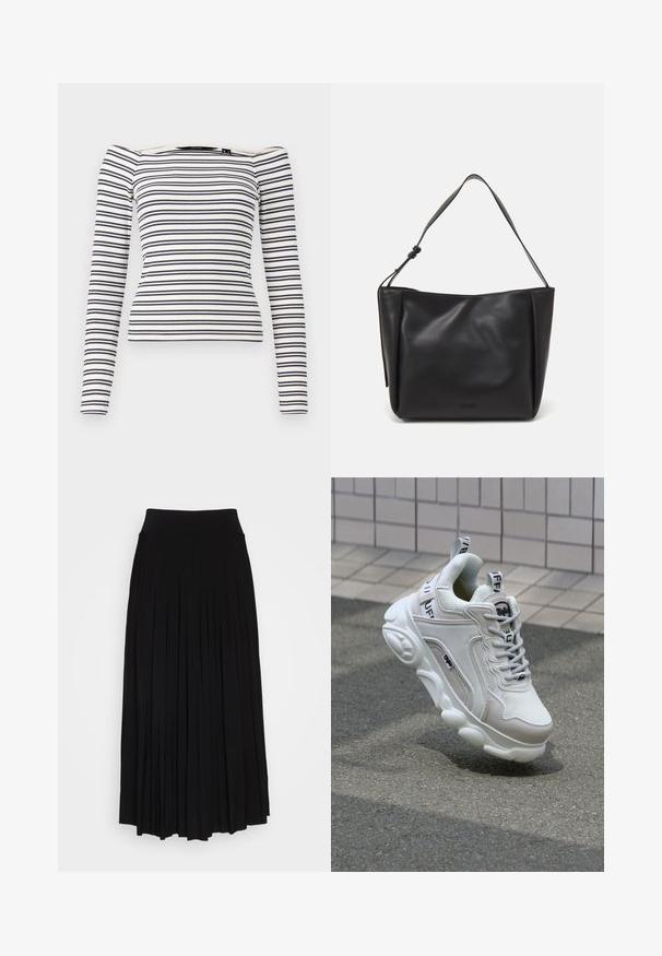 Gestreiftes Langarm-Shirt mit taillierter Passform. Weißer Grund mit horizontalen marineblauen Streifen. Weicher gerippter Stoff und schulterfreier Ausschnitt.; Schwarzer plissierter Rock mit breitem, dehnbarem Bund. Gefertigt aus weichem Stoff, mit vertikalen Falten für eine fließende Silhouette.; Weißer Sneaker aus Mesh- und Ledermaterialien, mit rundem Zehenbereich, dicker Sohle, auffälligen Schnürsenkeln sowie Branding an der Ferse und der Zunge.; Calvin Klein GRACIE MEDIUM - Handtasche - black