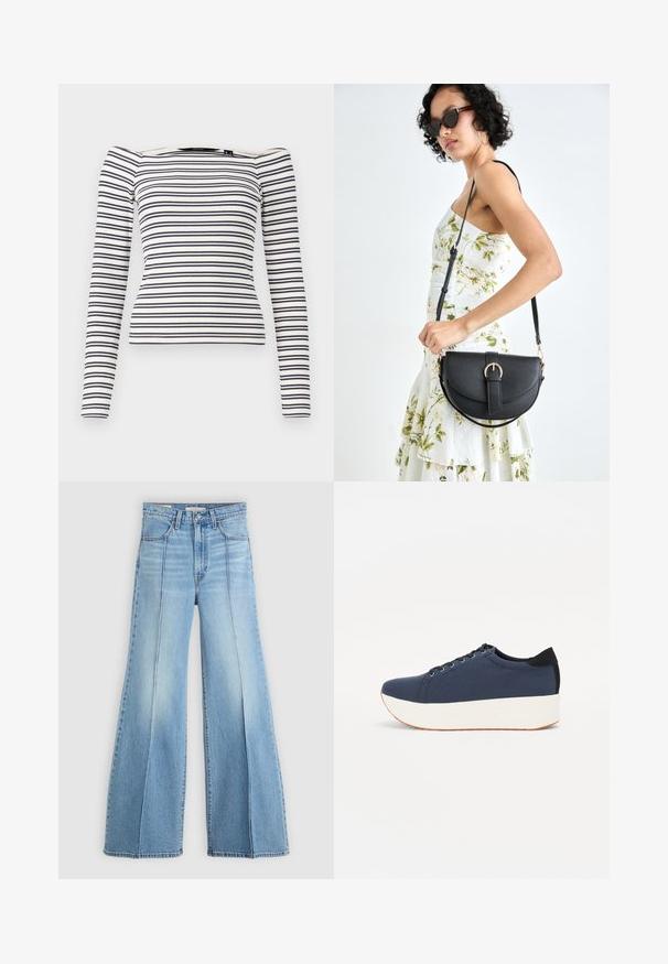 Maglietta a maniche lunghe a righe con design aderente. Base bianca con righe orizzontali blu navy. Morbido tessuto a costine e scollatura off-the-shoulder.; Jeans azzurri a vita alta con gambe larghe, tasche anteriori e posteriori, passanti per cintura e dettagli delle cuciture verticali sul davanti.; Sneaker blu navy con tomaia in tessuto texturizzato, suola piatta bianca, punta arrotondata e accentuazione nera sul tallone. Presenta sei fori per i lacci.; Borsa a tracolla nera in pelle con una forma curva, manico rimovibile e accessori dorati. La borsa presenta una patta con un dettaglio a fibbia.