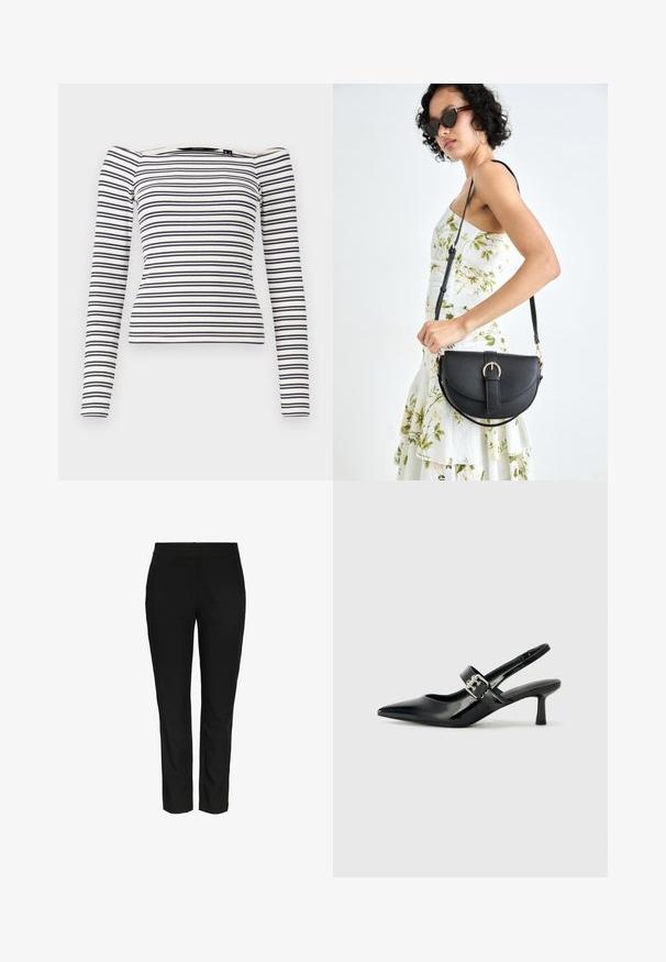 Črtasta dolgosleeve majica z oprijetim dizajnom. Bela osnova z mornarsko modrimi horizontalnimi črtami. Mehka rebrasta tekstura in ovratnik, ki pade sramena.; Črne, slim-fit hlače iz gladkega, tkanega materiala. Imajo standardni pas in brez vidnih žepov. Čist, krojen videz.; Črne patent usnjene slingback pete s koničastim nosom in majhnim blok peto, ki vključujejo srebrno zaponko na traku.; Črna usnjena torbica s ukrivljeno obliko, z odstranljivo naramnico in zlatimi dodatki. Torbica ima pokrov s podrobnostmi v obliki zaponke.