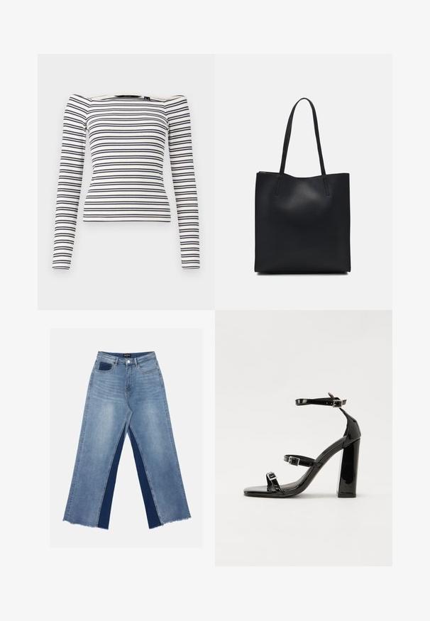Stribet langærmet top med en tætsiddende design. Hvid bund med marineblå vandrette striber. Blød ribbet tekstur og off-the-shoulder halsudskæring.; Lyseblå breddejeans med kontrasterende mørkeblå paneler, frynset kant og en standard talje med metal knaplukning.; Sorte patenterede hælsandaler med firkantet tå, ankelremme og sølvspænder. Har en chunky blokHæl for stabilitet.; Sort læder tote taske med glat tekstur, rektangulær form og to lange hanke. Ingen synlig hardware eller udsmykninger.