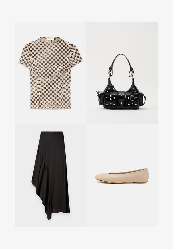 Beige košeľa s krátkym rukávom, pokrytá čiernym gotickým vzorom "M" a so zaobleným výstrihom, označená MISBHV.; AERON ASTER SKIRT - Puzdrová sukňa - black; Béžové kožené baleríny s okrúhlym prstom, minimálnym švom, nízkym podpätkom a diskrétnym logom na zadnej strane. Hladká, matná textura.; Čierna kožená kabelka s zakriveným dizajnom, doplnená striebornými cvočkami, prackou a dvoma bočnými vreckami. Nastaviteľný popruh poskytuje rôzne možnosti nosenia.
