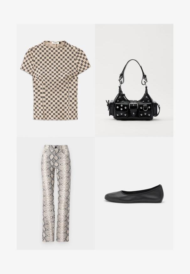 Beige košeľa s krátkym rukávom, pokrytá čiernym gotickým vzorom "M" a so zaobleným výstrihom, označená MISBHV.; Nohavice s hadím vzorom v béžovej a šedej farebnej schéme. Rovný strih s textúrovaným povrchom a prednými vreckami. Zatváranie na gombík.; Čierne kožené baleríny s okrúhlou špičkou, hladkým povrchom, minimálnym prešívaním a flexibilným dizajnom podrážky.; Čierna kožená kabelka s zakriveným dizajnom, doplnená striebornými cvočkami, prackou a dvoma bočnými vreckami. Nastaviteľný popruh poskytuje rôzne možnosti nosenia.