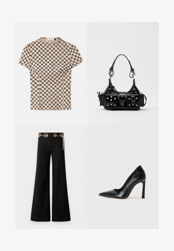 Camicia beige a maniche corte con motivo gotico nero a "M" su tutta la superficie e scollatura rotonda etichettata MISBHV.; Pantaloni neri a gamba larga realizzati in cotone, con elementi circolari in metallo dorato e un dettaglio a catena sulla vita. Texture liscia, taglio pulito.; Scarpa nera con punta a punta alta in pelle di coccodrillo, caratterizzata da un design elegante, alto tacco a spillo e interno nero liscio.; Borsa a mano in pelle nera con design curvo, caratterizzata da borchie argentate, una fibbia e due tasche laterali. Tracolla regolabile per diverse opzioni di trasporto.