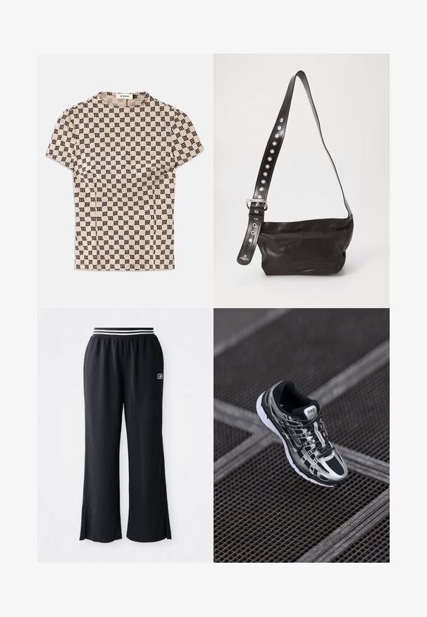 Camisa de manga corta beige con estampado gótico negro de la "M" en toda la prenda y un cuello redondo etiquetado como MISBHV.; Pantalones deportivos negros con un diseño de pierna ancha, cinturilla elástica con rayas en blanco y negro, y aberturas en los laterales del dobladillo.; Zapatilla de correr de Nike con una combinación de colores negro y plateado, parte superior de malla, suela texturizada y sistema de cordones para un ajuste seguro.; Bolso cruzado de cuero negro con un acabado texturizado, que cuenta con una amplia correa ajustable adornada con tachuelas plateadas y una hebilla metálica.