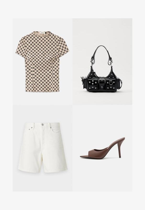 Smėlio spalvos marškiniai trumpomis rankovėmis su viso paviršiaus juodu gotikos stiliaus "M" raštu ir apvaliu kaklu, pažymėti MISBHV.; Balti džinsai šortai su tiesiu kirpimu, penkių kišenių dizainu, priekiniu mygtukų užsegimu, sidabro spalvos detalėmis ir siuvinėtais akcentais.; Rudi odos atviri aukšti kulniukai su elegantišku dizainu, turinčiu plačią priekinę juostą ir siauromis stiletto kulkšnimis.; Juodas odinis rankinukas su kreiviu dizainu, su sidabro spalvos knopkėmis, užsegimu ir dviem šoninėmis kišenėmis. Reguliuojama dirželis nešimui.