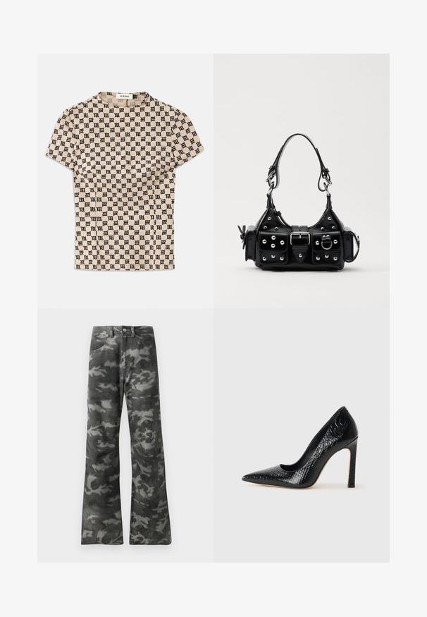 Beige short-sleeve shirt with all-over black gothic-style "M" pattern and a round neckline labeled MISBHV.; Dark gray and black camouflage patterned straight-leg jeans with button and zip closure and front pockets.; Black pointed-toe high heel shoe with a crocodile-skin texture, featuring a sleek design, high stiletto heel, and smooth black interior.; Black leather handbag with a curved design, featuring silver studs, a buckle, and two side pockets. Adjustable strap for carrying options.