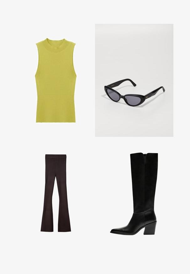 Top sans manches en tricot côtelé de couleur vert clair, avec un col rond haut et une silhouette ajustée. Texture lisse avec des détails sur les coutures latérales.; Bershka Pantalon classique - dark brown; Bottes noires montantes en cuir lisse, avec un bout pointu, un talon bloc et une découpe en V en haut.; Des lunettes de soleil noires en forme d'œil de chat avec des verres foncés. Fabriquées en plastique brillant, présentant un subtil accent doré sur la branche. Texture lisse et forme audacieuse.