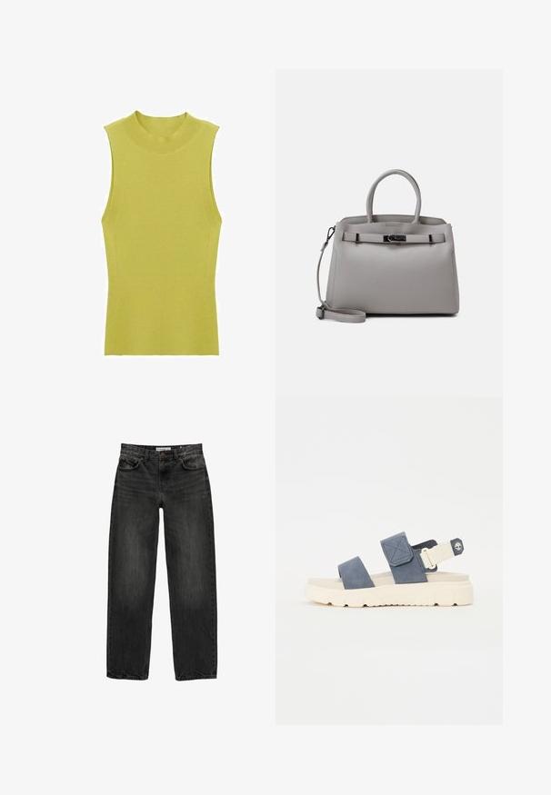 Kratka majica brez rokavov iz rebrastega pletenega materiala v svetlo zeleni barvi, z visokim okroglim izrezom in prilegnjenim krojem. Gladka tekstura z detajli na stranskih šivih.; Črne jeans hlače s sproščenim krojem, ravnimi nogavicami, petimi žepi in rahlo zbledelim videzom. Zapenjanje na gumb in zadrgo spredaj.; Modra semiš sandala z dvema trakoma in nastavljivim hrbtom. Debel kremast gumijast podplat z teksturno obdelavo in logotipom.; Siva usnjena torbica z dvema ročajema, snemljivim trakom, gladko teksturo in kovinskim zaponko spredaj. Okrogla oblika in minimalističen dizajn.